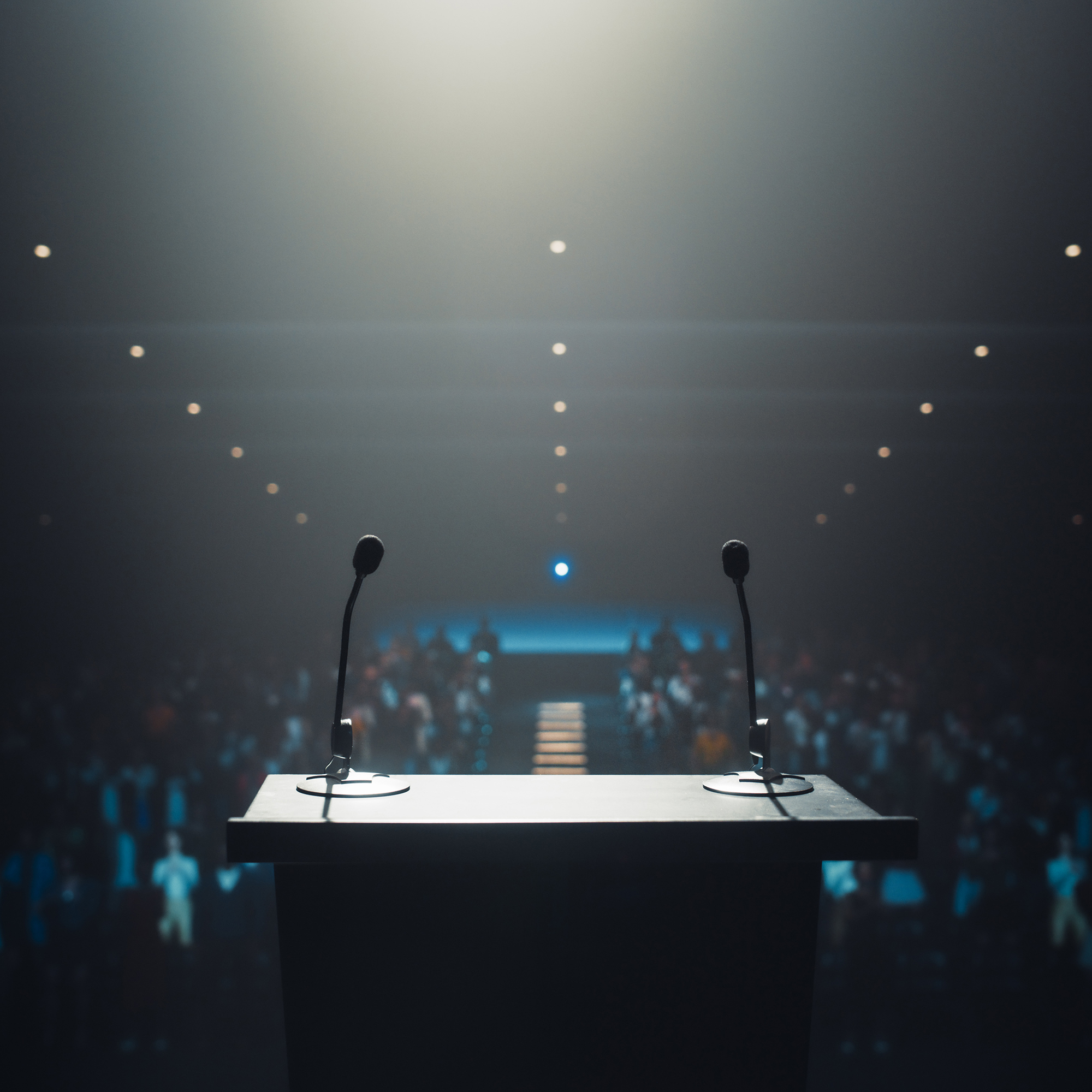 Modern Conference Stage With Two Microphones Under Spotlight, Re